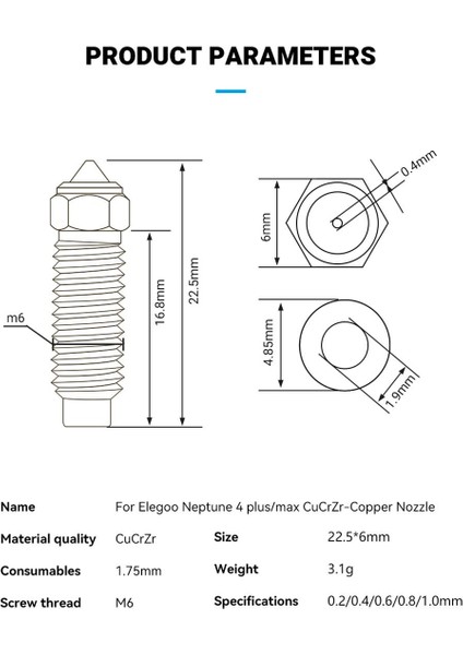 Elegoo Neptune 4 Plus-Max Krom Zirkonyum Bakır Nozzle 500°C(1.0MM)