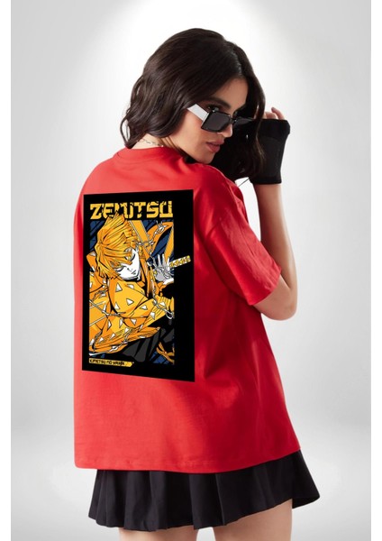 Zenitsu Agatsuma Anime Kırmızı Oversize Kadın Erkek Ön ve Sırt Baskılı T-Shirt fiyatları