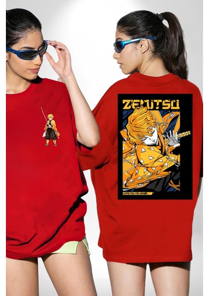 Zenitsu Agatsuma Anime Kırmızı Oversize Kadın Erkek Ön ve Sırt Baskılı T-Shirt