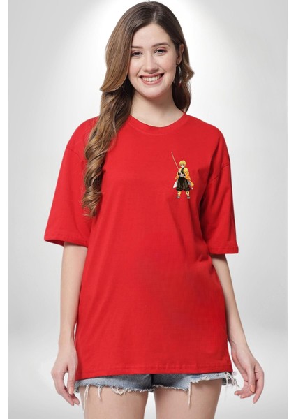 Zenitsu Agatsuma Anime Kırmızı Oversize Kadın Erkek Ön ve Sırt Baskılı T-Shirt modelleri
