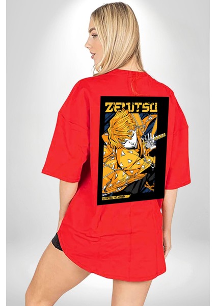 Zenitsu Agatsuma Anime Kırmızı Oversize Kadın Erkek Ön ve Sırt Baskılı T-Shirt fırsatları