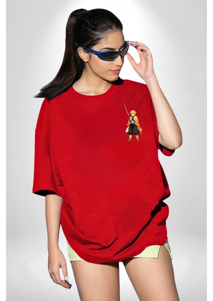 Zenitsu Agatsuma Anime Kırmızı Oversize Kadın Erkek Ön ve Sırt Baskılı T-Shirt indirimleri
