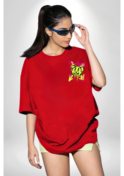 Birlikte Kal Kırmızı Oversize Kadın Erkek Ön ve Sırt Baskılı T-Shirt