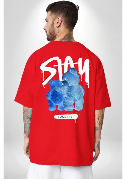Birlikte Kal Kırmızı Oversize Kadın Erkek Ön ve Sırt Baskılı T-Shirt
