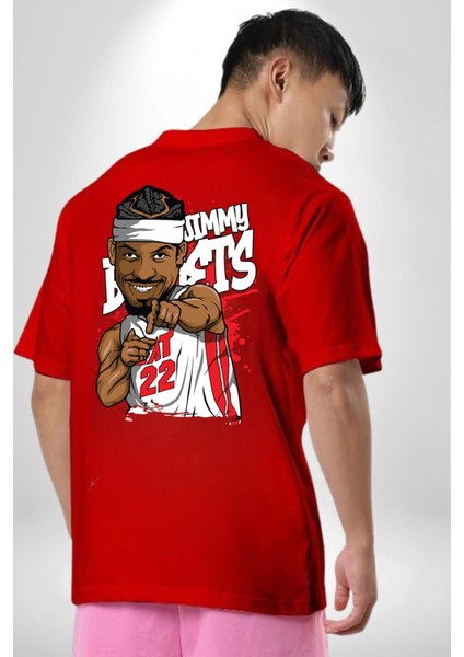 Jimmy Butler Basketbol Kırmızı Oversize Kadın Erkek Ön ve Sırt Baskılı T-Shirt