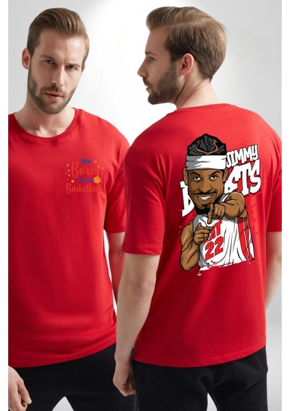 Jimmy Butler Basketbol Kırmızı Oversize Kadın Erkek Ön ve Sırt Baskılı T-Shirt