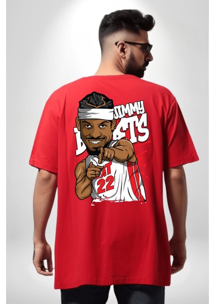 Jimmy Butler Basketbol Kırmızı Oversize Kadın Erkek Ön ve Sırt Baskılı T-Shirt