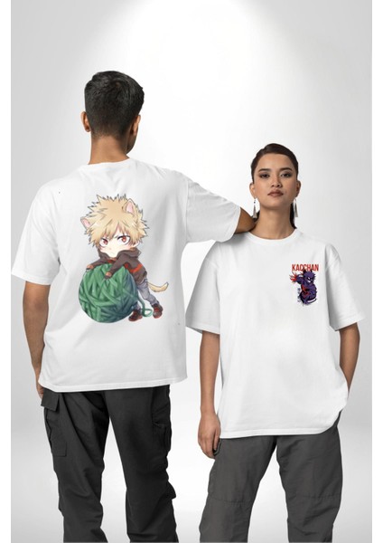 Kasuki Bakugo Anime Beyaz Oversize Kadın Erkek Ön ve Sırt Baskılı T-Shirt