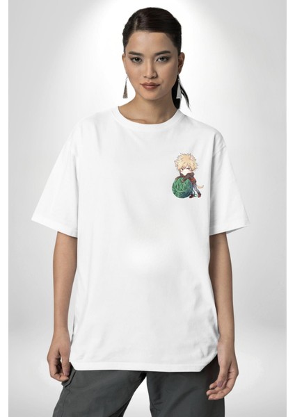 Kasuki Bakugo Anime Beyaz Oversize Kadın Erkek Ön ve Sırt Baskılı T-Shirt modelleri