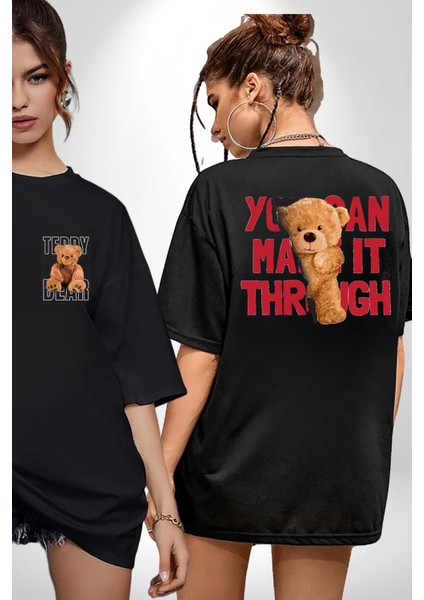 Bunu Alabilirsin Çantadan Çıkan Ayı Siyah Oversize Kadın Erkek Ön ve Sırt Baskılı T-Shirt