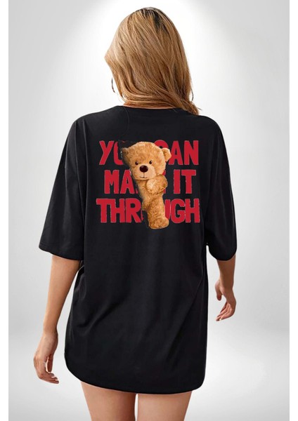 Bunu Alabilirsin Çantadan Çıkan Ayı Siyah Oversize Kadın Erkek Ön ve Sırt Baskılı T-Shirt indirimleri