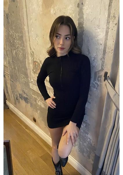 Siyah Fermuarlı Fitilli Basic Elbise fiyatları