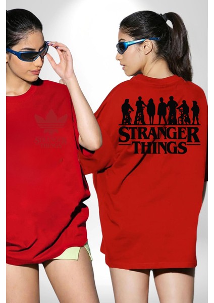 Stranger Things Kırmızı Oversize Kadın Erkek Ön ve Sırt Baskılı T-Shirt