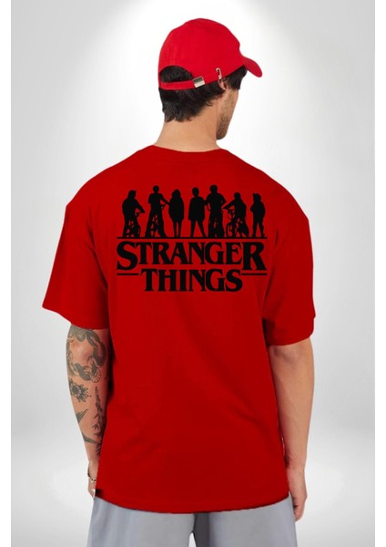 Stranger Things Kırmızı Oversize Kadın Erkek Ön ve Sırt Baskılı T-Shirt