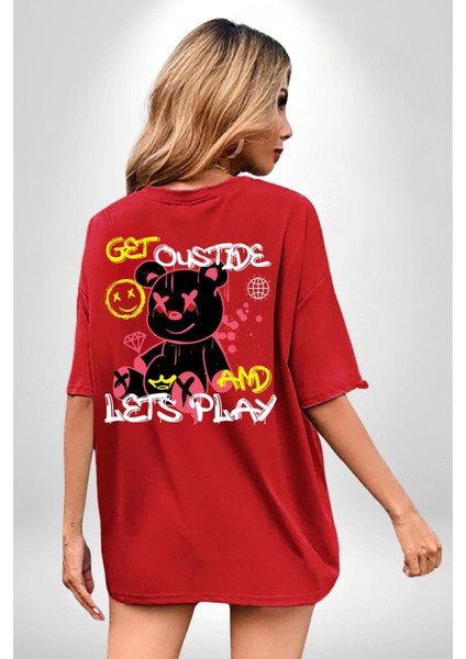 Dışarı Çık ve Oynayalım Teddy Kırmızı Oversize Kadın Erkek Ön ve Sırt Baskılı T-Shirt