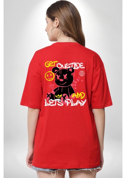 Dışarı Çık ve Oynayalım Teddy Kırmızı Oversize Kadın Erkek Ön ve Sırt Baskılı T-Shirt