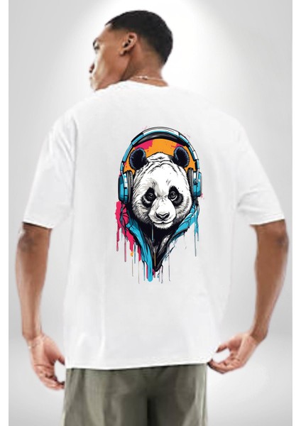 Kulaklık Ayı Panda Beyaz Oversize Kadın Erkek Ön ve Sırt Baskılı T-Shirt fiyatları