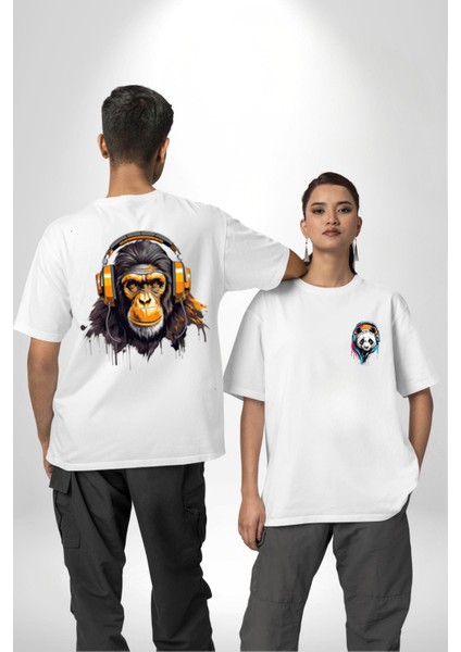 Kulaklık Ayı Panda Beyaz Oversize Kadın Erkek Ön ve Sırt Baskılı T-Shirt