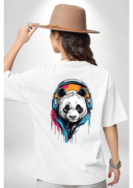 Kulaklık Ayı Panda Beyaz Oversize Kadın Erkek Ön ve Sırt Baskılı T-Shirt fırsatları