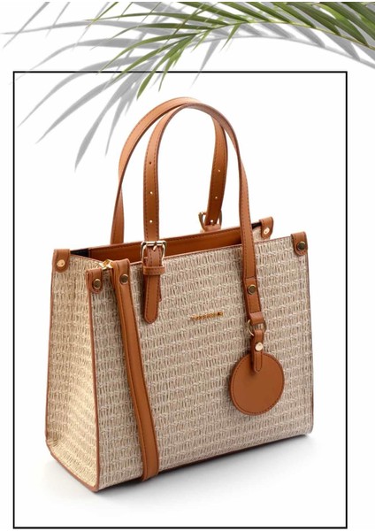 Kadın Omuz Çantası Bej Camel Baskı Hasır Şık Tasarım ve Geniş İç Hacim C06004230628