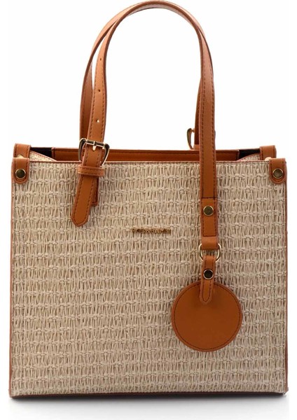 Kadın Omuz Çantası Bej Camel Baskı Hasır Şık Tasarım ve Geniş İç Hacim C06004230628 fiyatları