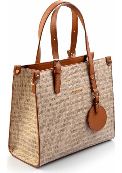 Kadın Omuz Çantası Bej Camel Baskı Hasır Şık Tasarım ve Geniş İç Hacim C06004230628 modelleri