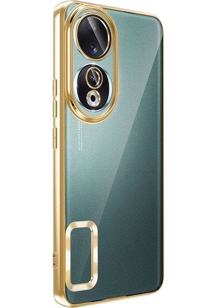 Huawei Honor 90 Kılıf Tek Kamera Çerçeveli Logo Gösteren Omega Kapak Gold