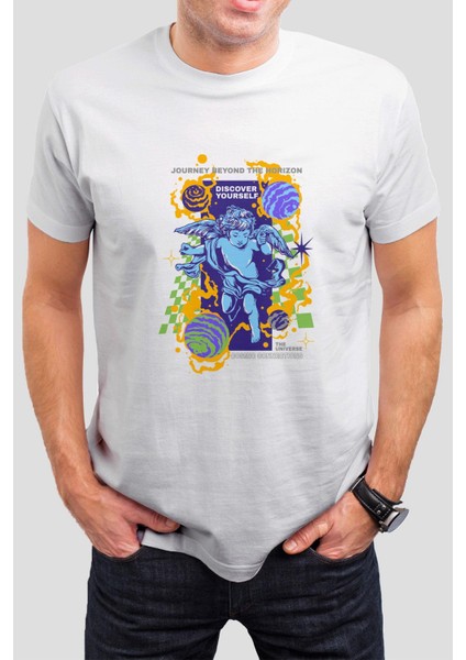 Melek Baskılı Beyaz Unisex Tişört C415