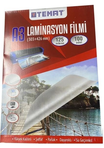 A3 Laminasyon Filmi Pvc 125 Micron 100 Lü Paket