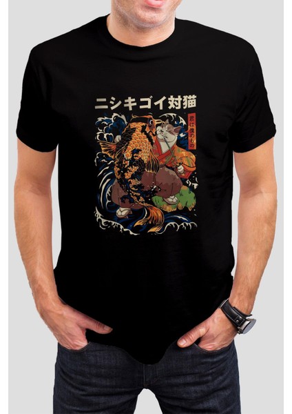 Japon Balık ve Kedi Baskılı Siyah Unisex Tişört C422