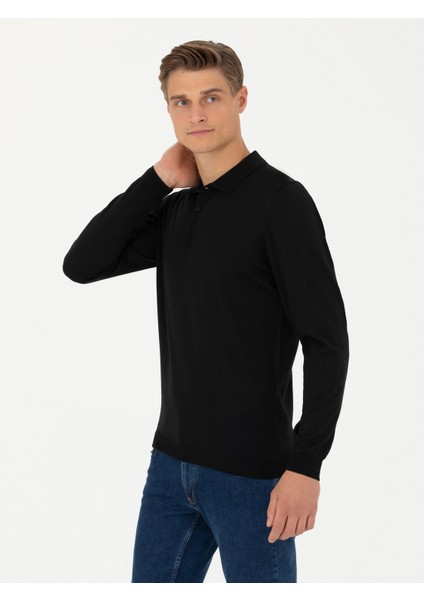Erkek Siyah Slim Fit Polo Yaka Basic Triko Kazak 50270169-VR046