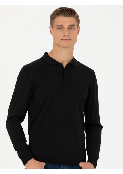 Erkek Siyah Slim Fit Polo Yaka Basic Triko Kazak 50270169-VR046