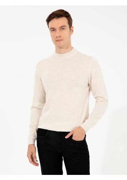 Erkek Bej Slim Fit Çeyrek Balıkçı Yaka Basic Triko Kazak 50257712-VR011