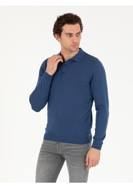 Erkek İndigo Slim Fit Pamuk Karışımlı Polo Yaka Basic Triko Kazak 50257384-VR028