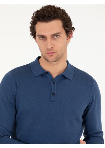Erkek İndigo Slim Fit Pamuk Karışımlı Polo Yaka Basic Triko Kazak 50257384-VR028 fiyatları