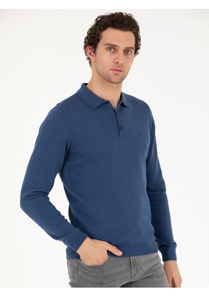 Erkek İndigo Slim Fit Pamuk Karışımlı Polo Yaka Basic Triko Kazak 50257384-VR028 modelleri