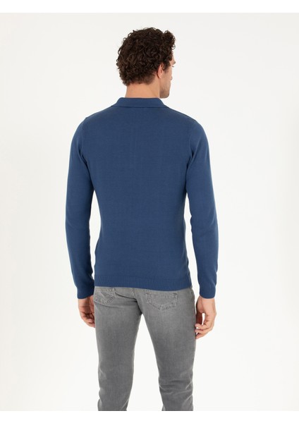 Erkek İndigo Slim Fit Pamuk Karışımlı Polo Yaka Basic Triko Kazak 50257384-VR028 indirimleri