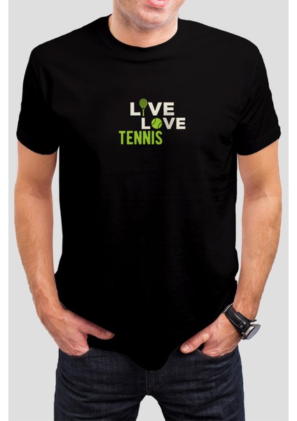 Live Love Tennis Baskılı Siyah Unisex Tişört C435