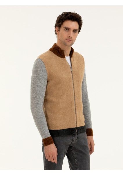 Erkek Kahverengi Regular Fit Tam Fermuarlı Triko Kazak 50277074-VR015