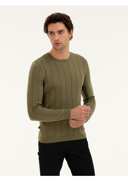 Erkek Haki Regular Fit Pamuk Karışımlı Bisiklet Yaka Triko Kazak 50279607-VR027