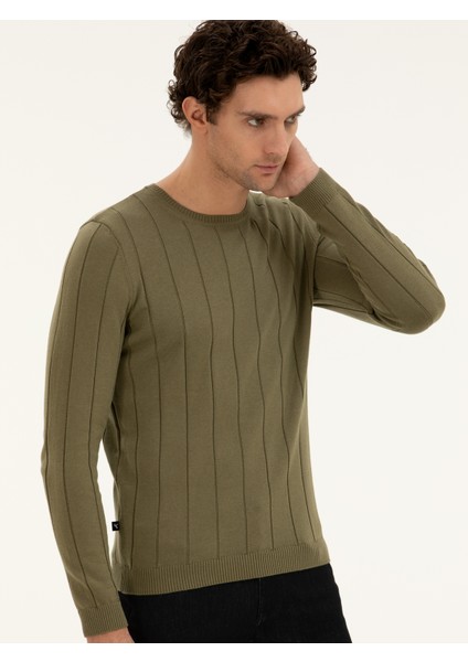 Erkek Haki Regular Fit Pamuk Karışımlı Bisiklet Yaka Triko Kazak 50279607-VR027