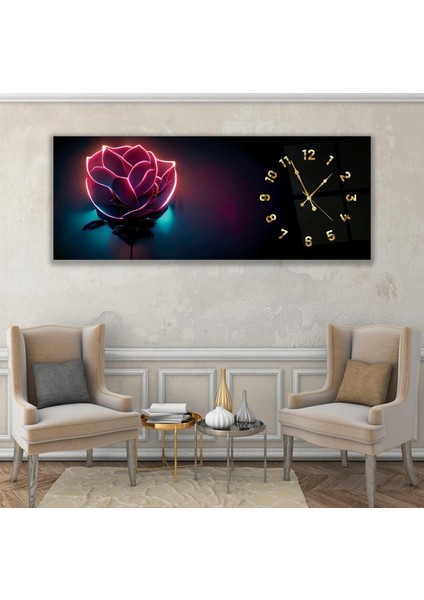 Saatli Neon Gül Cam Tablo
