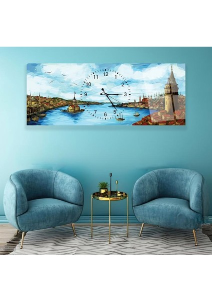 Saatli Istanbul Manzarası Cam Tablo