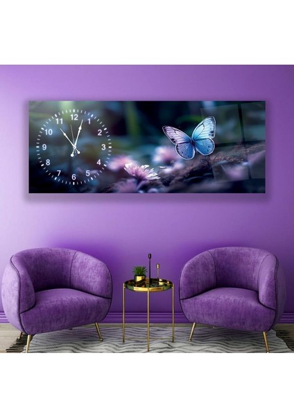 Saatli Mor Kelebek Cam Tablo