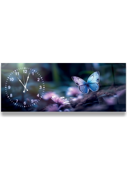 Saatli Mor Kelebek Cam Tablo modelleri
