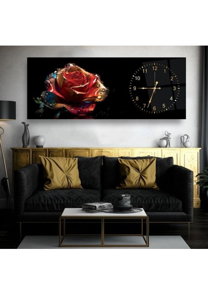 Saatli Renkli Gül Cam Tablo