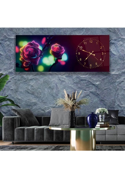 Saatli Neon Gül Cam Tablo