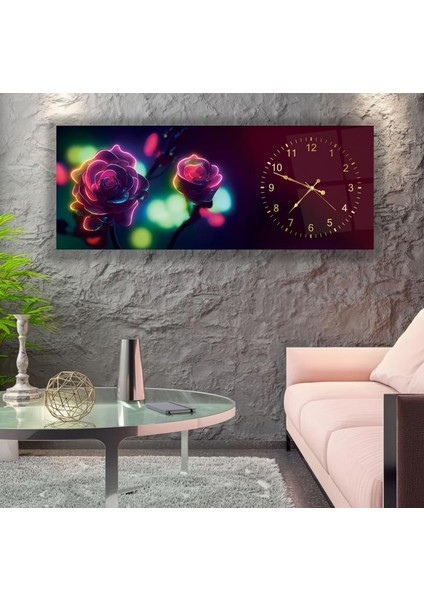Saatli Neon Gül Cam Tablo modelleri
