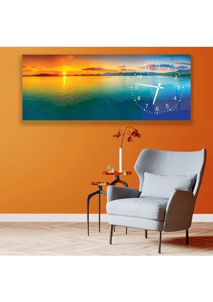 Saatli Gün Batımı Cam Tablo