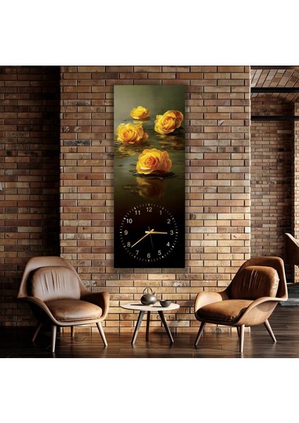 Saatli Sarı Güller Cam Tablo